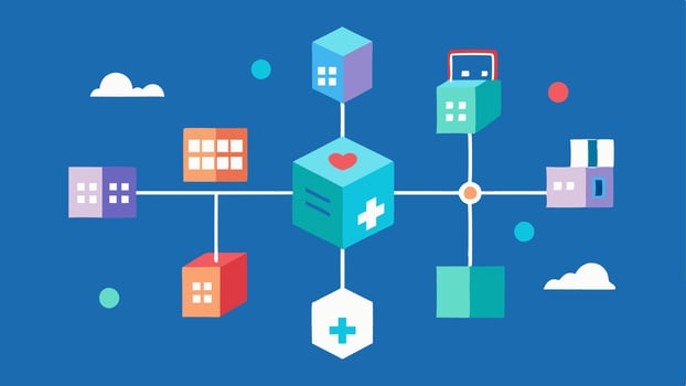 Interconnected Systems A visual of various healthcare systems like hospitals labs and pharmacies connected by a chain made of blocks illustrating the integration of blockchain in. vector