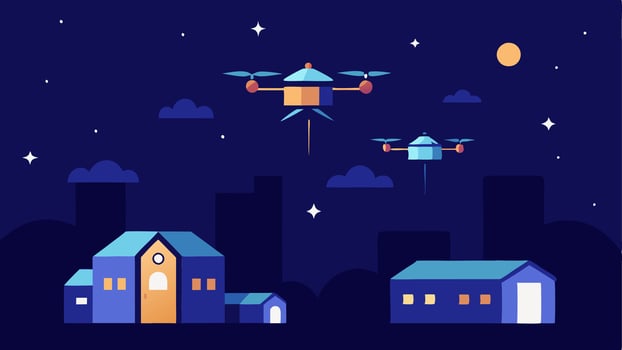 Night Delivery A nighttime scene where illuminated drones fly against a starry sky their lights glowing as they deliver packages to various homes adorned with futuristic lighting.. vector