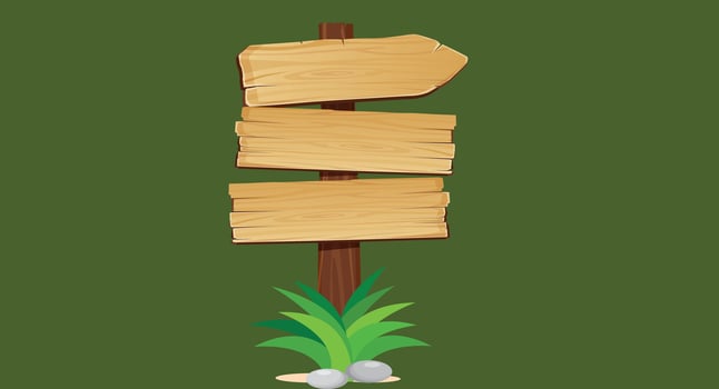 Flat design illustration of a forest road sign surrounded by greenery, bushes, and rocks on the ground, symbolizing nature, navigation, and outdoor adventure in a peaceful, natural setting. vector