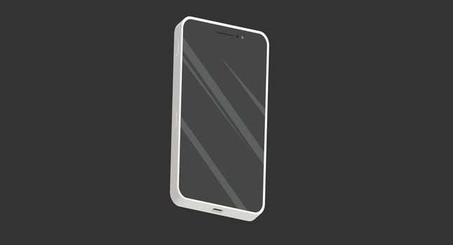 Isometric flat design illustration of a smartphone displayed against a solid black background, showcasing the sleek design, screen, and modern tech features in a minimalist style. vector