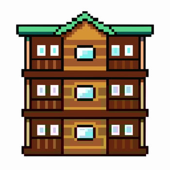 Pixel Art Wooden Apartment Building with Green Roof vector