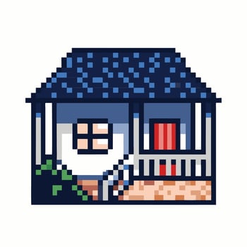 Cozy Pixel Art House with Blue Roof and Red Door vector