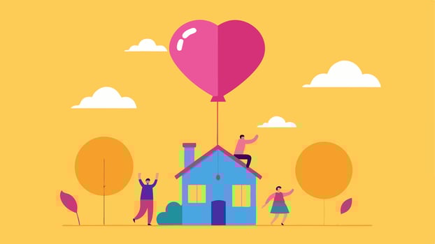 Goodbye Wave An illustration showing a quaint little house being lifted into the air by a giant heartshaped balloon. The balloon is illustrated with bright pink and yellow hues.. vector