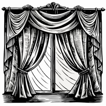 Elegant Vintage Window Curtains Illustration Classic Drapery Design in Black and White vector