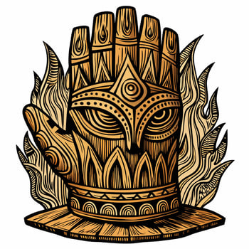 Intricately Carved Wooden Glove Surrounded by Flames Symbolic Illustration vector