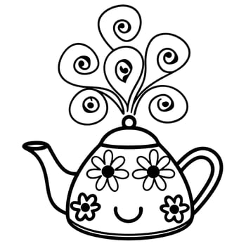 Smiling floral teapot with whimsical steam design in line art cute, joyful kitchenware illustration vector