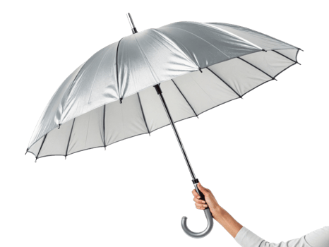 person holding silver umbrella, showcasing its unique design and functionality, perfect for protection against rain or sun png
