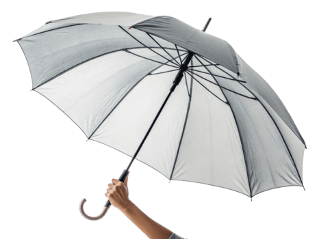stylish umbrella held by hand, showcasing sleek design with light gray color and unique structure, perfect for rainy days png
