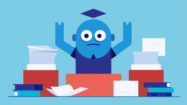 Overwhelmed Desk Scene A cartoonstyle character is sitting at a cluttered desk with stacks of papers towering around them. The character has wide anxious eyes and is frantically. vector