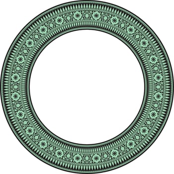 round national Indian ornament. Green with black circle border, frame, ring. vector