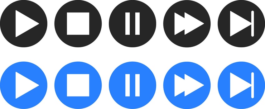 Set of play button icon. Right button. Icon for design. music start sign. play bar template with button play or pause vector