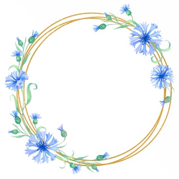 Golden wreath, round frame with cornflower flowers . illustration with blue flowers vector