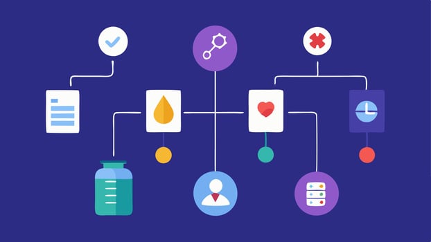 Optimization Model A flowchart illustration showing the steps from quantum computing to the discovery of optimized drug candidates marked with icons for analysis simulation and. vector