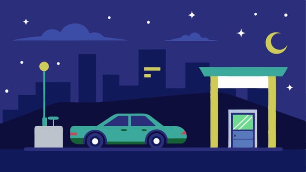 Nighttime Charging Station A nighttime scene showing an electric car charging under soft lights at a welllit urban charging station with stars ling above.. vector