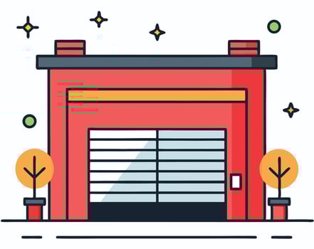 Illustrated Modern Warehouse Building With Trees And Sparkling Stars Graphic vector