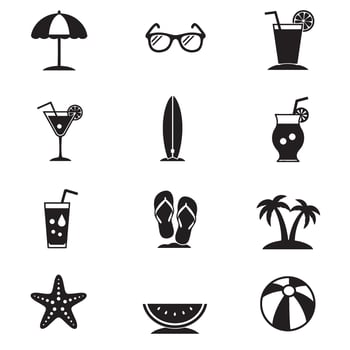 Flat summer icon silhouettes including palm tree sun surfboard cocktail wave flip flops beach umbrella and seashell for seasonal vectors work