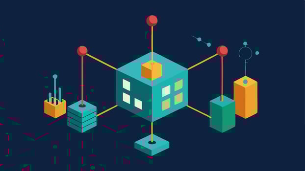 Material Management An illustration showing a digital twin model being updated with realtime data about materials available onsite including quantities and locations highlighted. vector