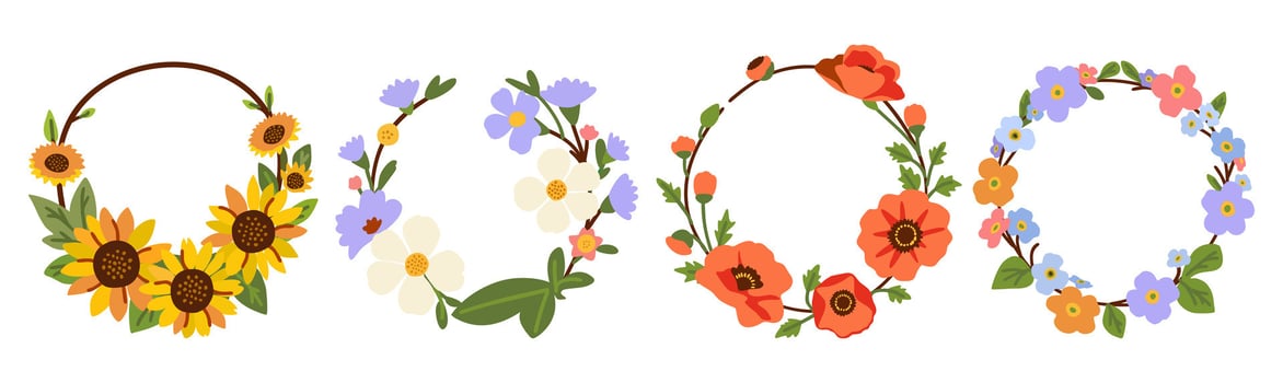 set of floral rounded frames isolated on white background. Floral wreaths vector