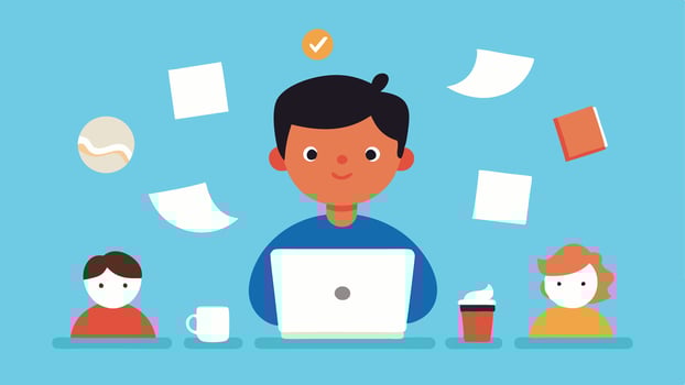 Virtual Meeting Chaos A character attending a virtual meeting on a laptop surrounded by kids playing loudly with papers tered around and a coffee cup precariously teetering on the. vector