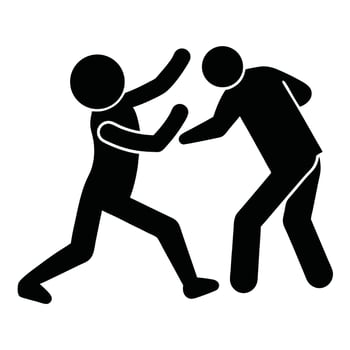 Black Silhouette Depicting Two Figures Fighting Aggressively With Raised Arms And Fists vector