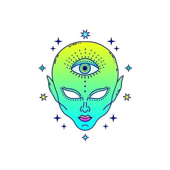 Alien face with third eye in neon green and blue tones, surrounded by stars, gradient colors, psychedelic concept. vector