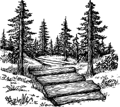 A hand-drawn illustration of a forest path with wooden logs as stepping stones. Tall pine trees surround the pathway, creating a serene natural setting. vector