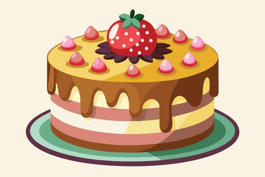 A delicious layered cake with chocolate drizzle and cherry topping illustration vector