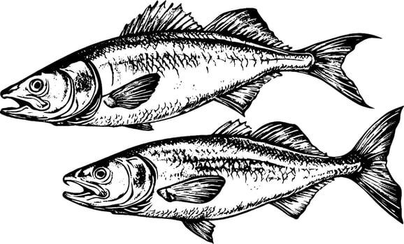 Two detailed illustrations of fish, showcasing their fins, scales, and facial features. The fish are depicted in a realistic style, emphasizing their anatomy. vector