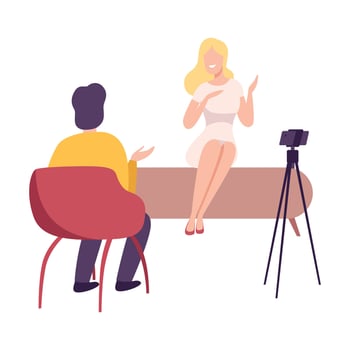 Businesswoman or Famous Celebrity Giving an Interview in the Presence of Journalist with Camera at Press Conference, Live Report Flat Illustration vector