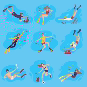 Scuba Divers Swimming under the Water Set, People Exploring Underwater Marine Life, Extreme Hobby Illustration vector