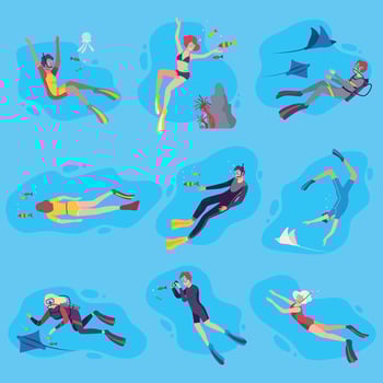 Scuba Divers Swimming under the Water with sea Creatures Set, People Exploring Underwater Marine Life, Extreme Hobby or Sport Illustration vector