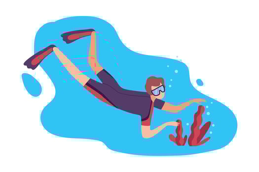 Man in Swimwear, Goggles and Flippers Swimming under the Sea, Diver Exploring the Underwater World Flat Illustration vector