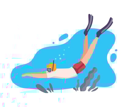 Male Scuba Diver Swimming under the Water with Small Fishes, Man Exploring Underwater Marine Life, Extreme Hobby Flat Illustration vector