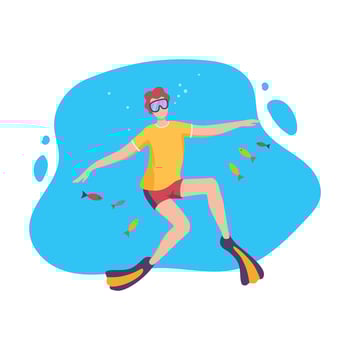 Male Diver Swimming under the Water with Small Fishes, Man Exploring Underwater Marine Life, Extreme Hobby, Sport Flat Illustration vector