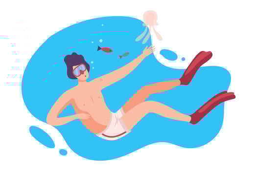 Young Man in Goggles and Flippers Swimming Under the Water, Summer Vacation, Extreme Hobby Flat Illustration vector