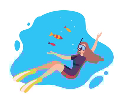 Girl Scuba Diver Swimming under the Water with Small Fishes, Underwater Marine Life, Extreme Sport or Hobby Flat Illustration vector