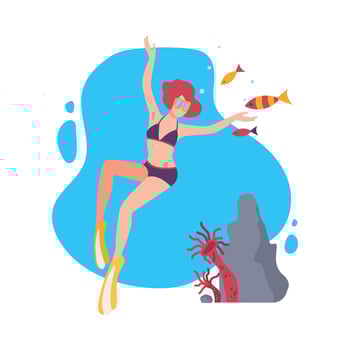 Girl in Goggles and Flippers Swimming Under the Water with Corals and Small Fishes, Extreme Hobby or Sport Flat Illustration vector