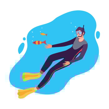Man in Scuba Diving Suit Swimming with Fishes under the Sea, Professional Diver Exploring the Underwater World Flat Illustration vector