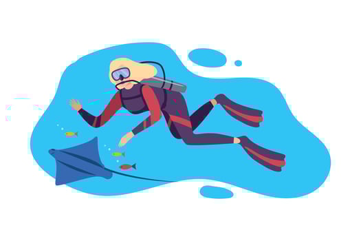 Girl in Scuba Diving Suit Swimming with Fishes under the Sea, Professional Diver Exploring the Underwater World Flat Illustration vector