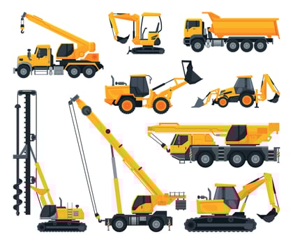 Construction Heavy Machinery Set, Heavy Special Transport, Truck, Excavator, Bulldozer, Crane Service Vehicles Illustration vector