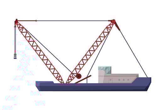 Floating Crane, Industrial Ship, Cargo Transportation Service Vehicle, Side View Flat Illustration vector