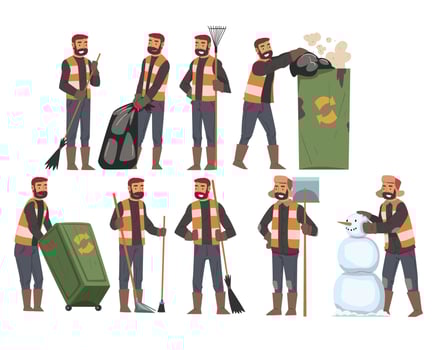 Man Janitor Sweeping and Gathering Garbage Set, Male Professional Cleaning Staff Character Wearing Orange Vests, Cleaning Company Service Illustration vector
