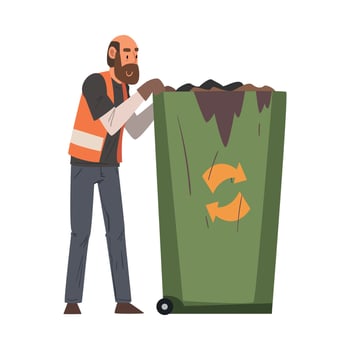 Man Janitor and Garbage Bin Recycling Container, Male Professional Cleaning Staff Character Wearing Orange Vest, Cleaning Company Service Illustration vector