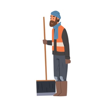 Man Janitor with Big Shovel, Male Professional Cleaning Staff Character with Equipment, Cleaning Company Service Illustration vector