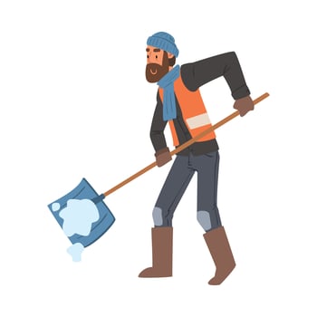 Man Janitor Cleaning Snow with Big Shovel Outdoors, Male Professional Cleaning Staff Character with Equipment Illustration vector