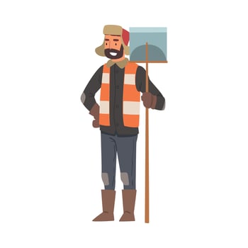 Man Janitor Standing with Big Shovel, Male Professional Cleaning Staff Character with Equipment, Cleaning Company Service Illustration vector