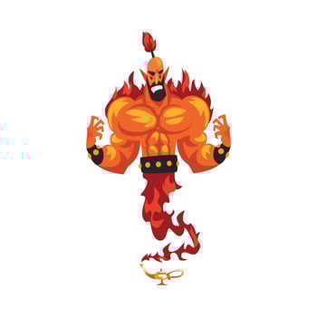 Fire Genie Coming Out of Lamp, Oriental Arabian Fairy Tale Cartoon Character Illustration vector