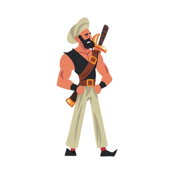 Muscular Oriental Armed Warrior, Arabian Fairy Tale Cartoon Character Illustration vector