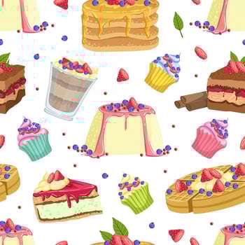Delicious Desserts Seamless Pattern, Design Element Can Be Used Bakery Shop, Confectionery, Fabric, Wallpaper, Packaging, Web Page Illustration vector