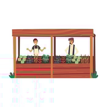 Male Farmers Selling Fresh Organic Vegetables on Wooden Stall at Farm Market Illustration vector